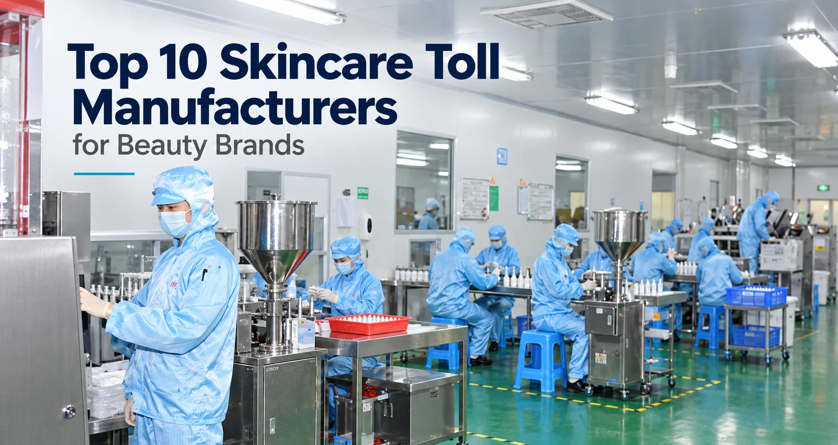 Workers in blue protective suits working in a cleanroom skincare manufacturing facility with equipment and product assembly lines.